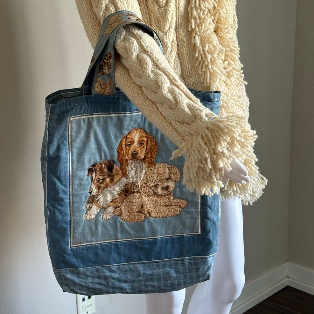 Vintage 1980s Quilted Kitten & Puppies Tote Bag